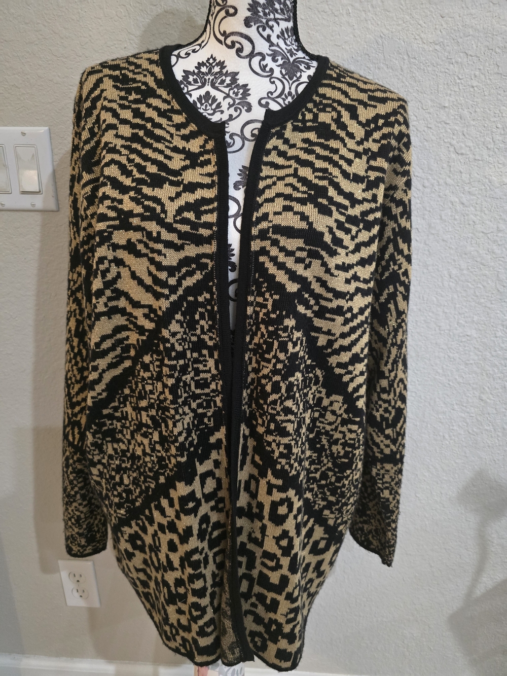 Ruby Rd. Black with Metallic Accent Animal-Pattern Cardigan